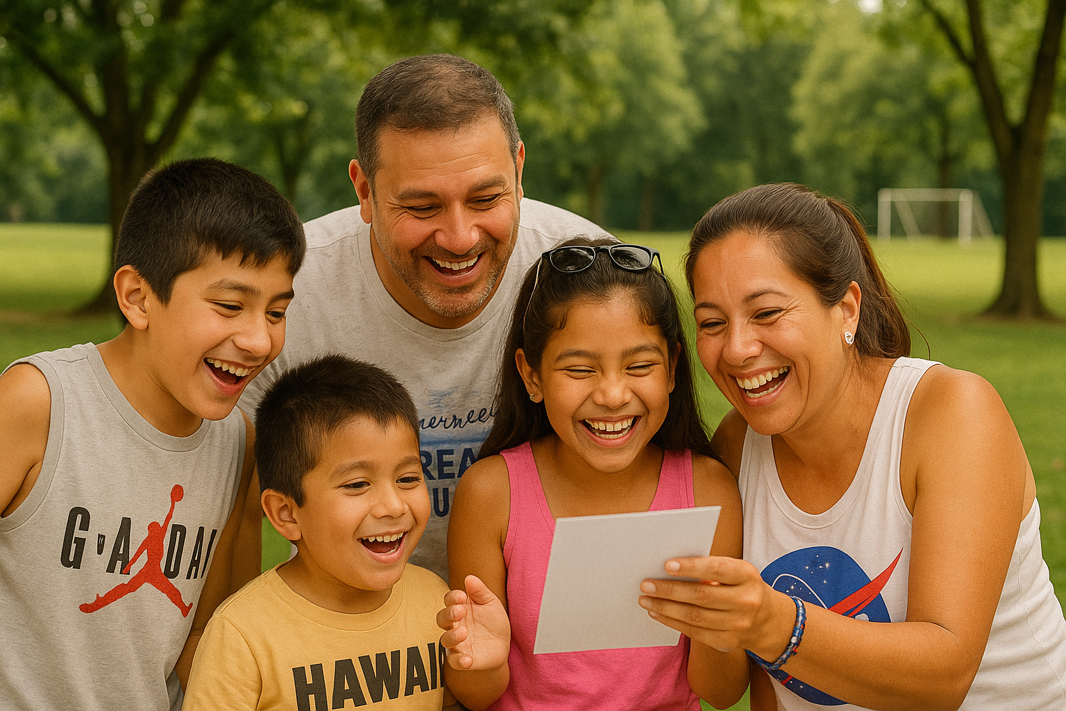 Familia latinoamericana sonriendo mientras miran juntos una foto impresa